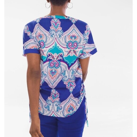 Chicos Boho Peasant Blouse Top Chicos 2/L/12 Paisley Chic Cap Sleeve Side Cinch - Picture 5 of 10